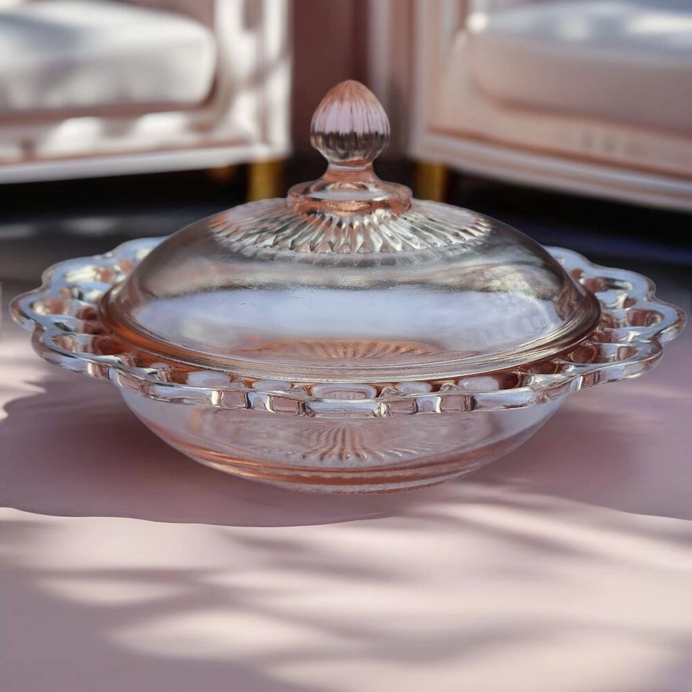 Vintage Old Colony Covered Butter Candy Dish Open Lace Pink Depression Glass